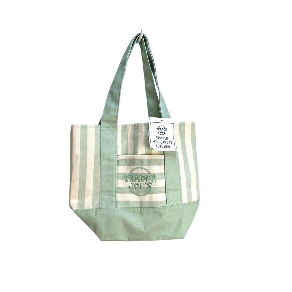 Trader Joe's Stripe Canvas Mini Tote Reusable Bag Mint Green